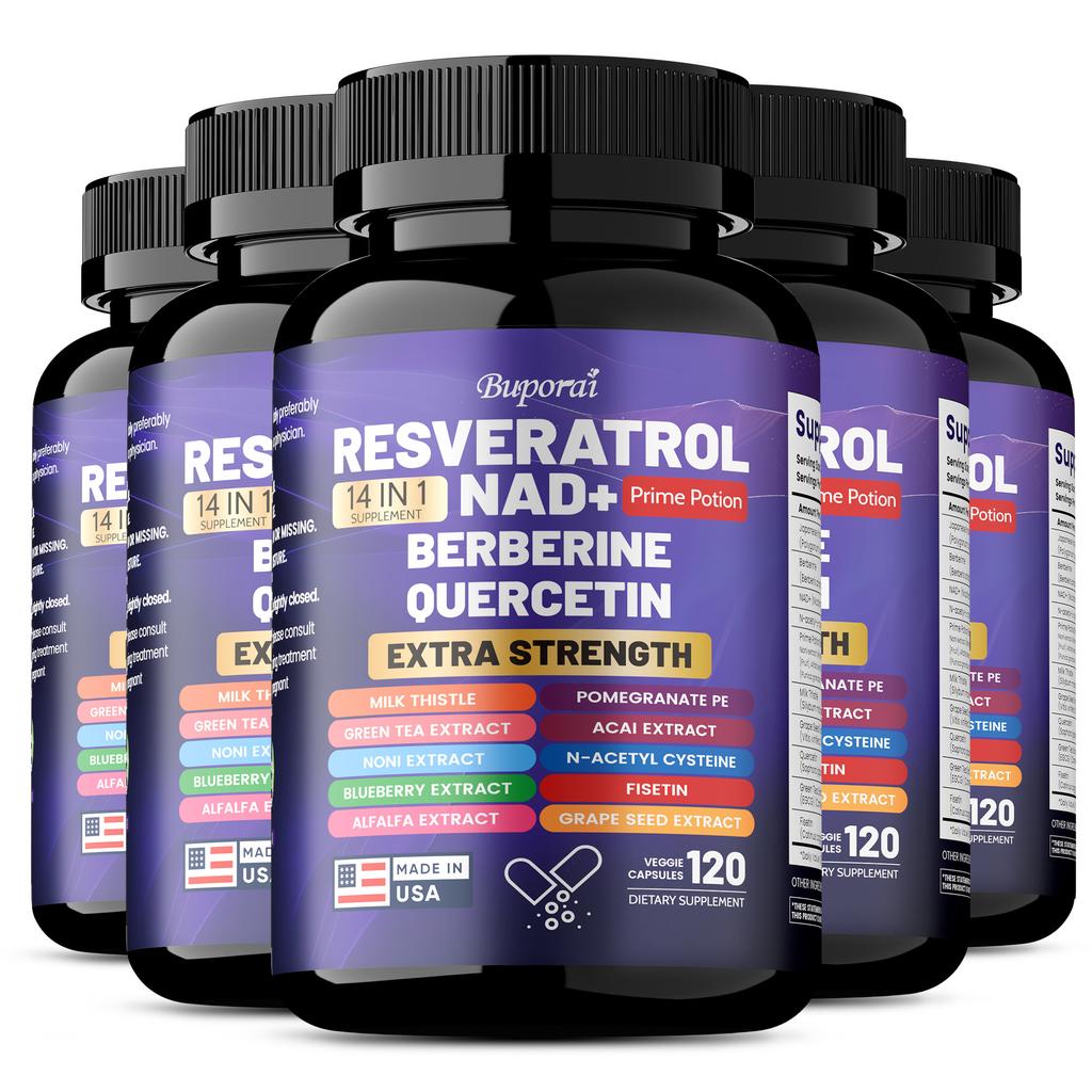 Buporai Resveratrol Supplement, containing milk thistle, berberine, green tea, blueberry, and grape seed extract, suitable for adults.