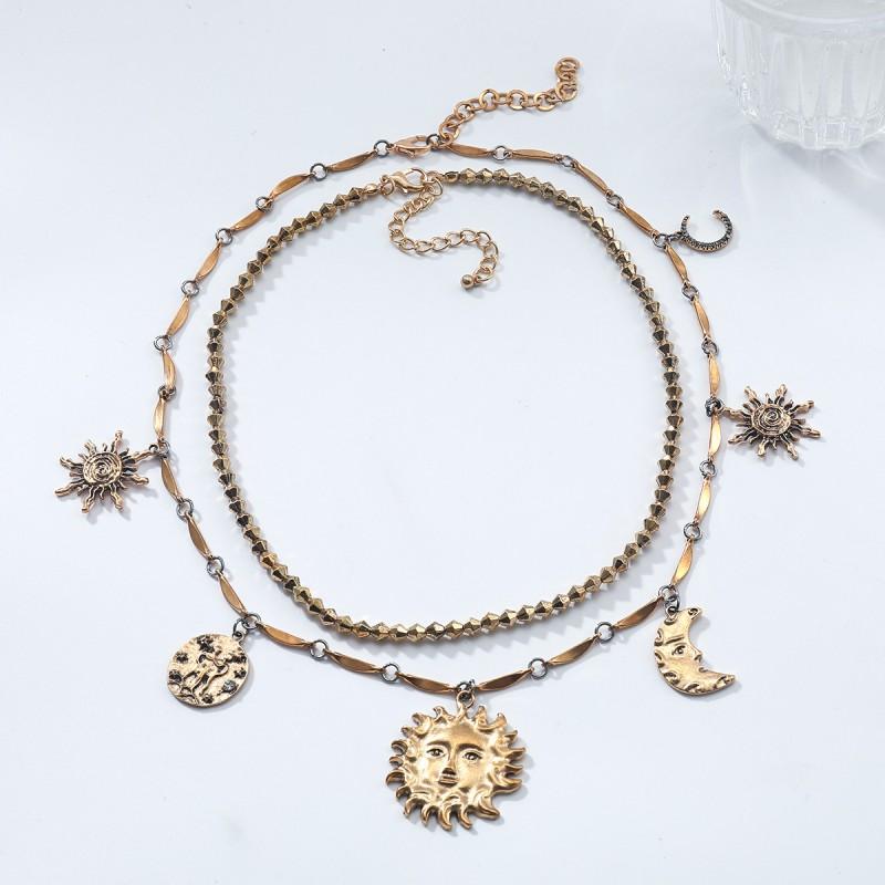Layered Geometric Pendant Necklace With Sun Moon Star Motifs Women - Gold Alloy Fashion Jewelry