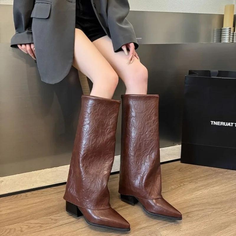 Women Chunky High Boots Pointed Toe Shoes Sexy Lady Dress Gladiator Autumn New  Trend Retro Fad Woman Boots Goth Botas Mujer
