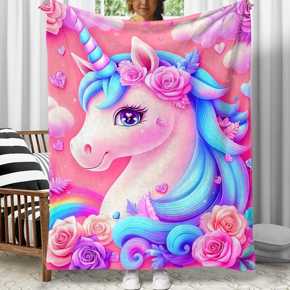1pc Cute Unicorn Rainbow Roses Hearts Magic Fantasy Fleece Blanket Soft Flannel Throw Girls Room Decor Birthday Gift Idea