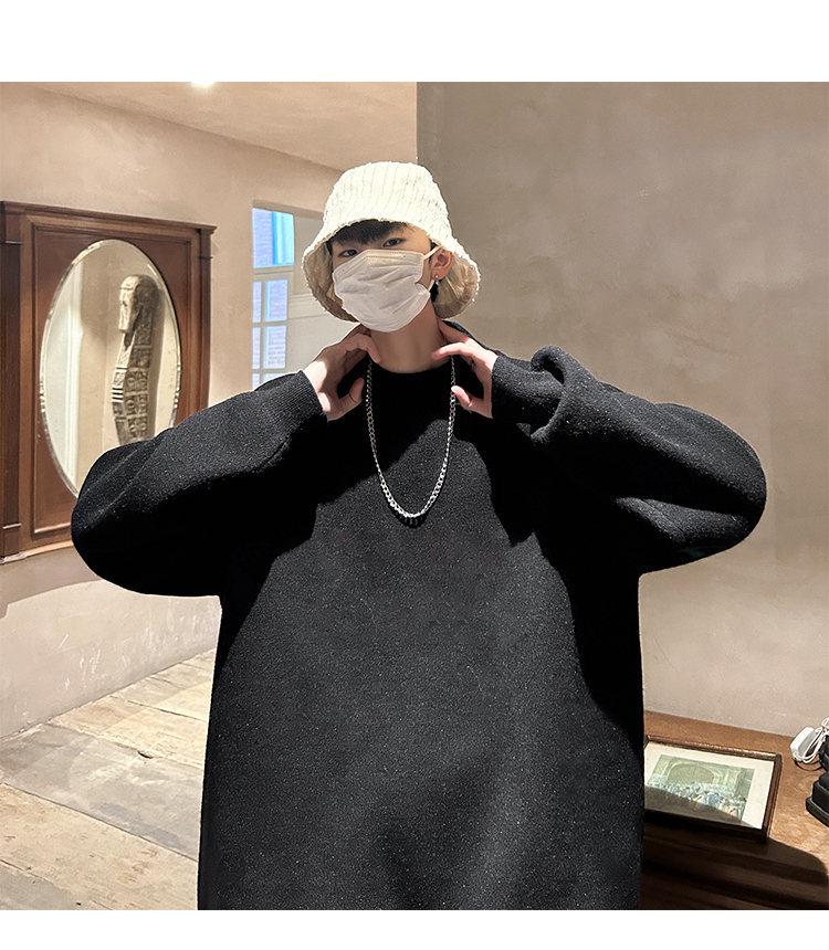 Men's Trendy Loose Round Neck Sweater - Spring/Autumn Solid Color Knitwear, Hong Kong Style Casual Outerwear