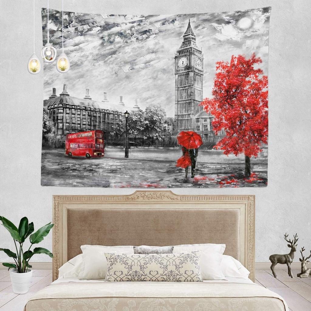 Black and White England Landmark Picnic Mat Hippie Trippy Tapestry Wall Art Meditation Decor for Bedroom Living Room Dorm, Red