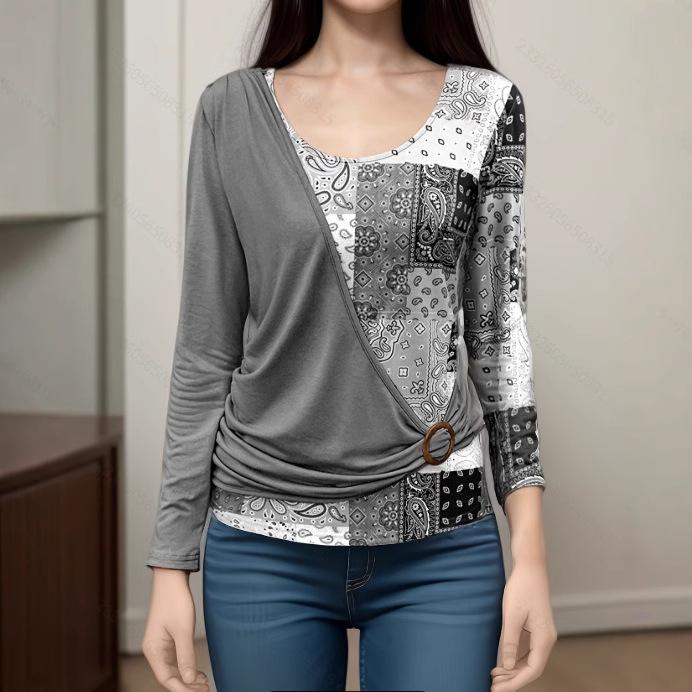 

GMXIA Футболка с длинными рукавами в стиле пэчворк с принтом «Осень» S серый