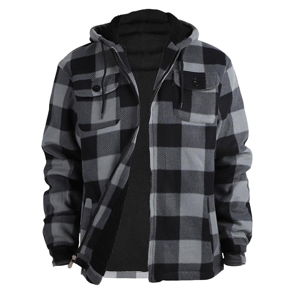 Men's Plaid Long Sleeve Shirt Men's Pocket Button Hooded Sweatshirt