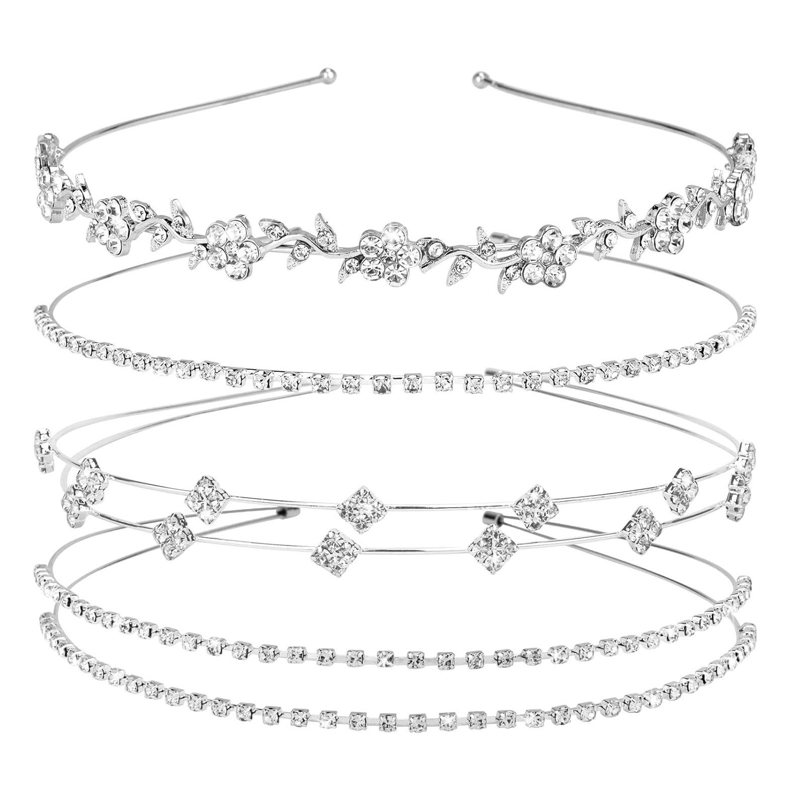 

4Pcs Wedding Glitters Headbands Silver Rhinestones Hair Accessories Hairpiece for Brides Prom Occasion