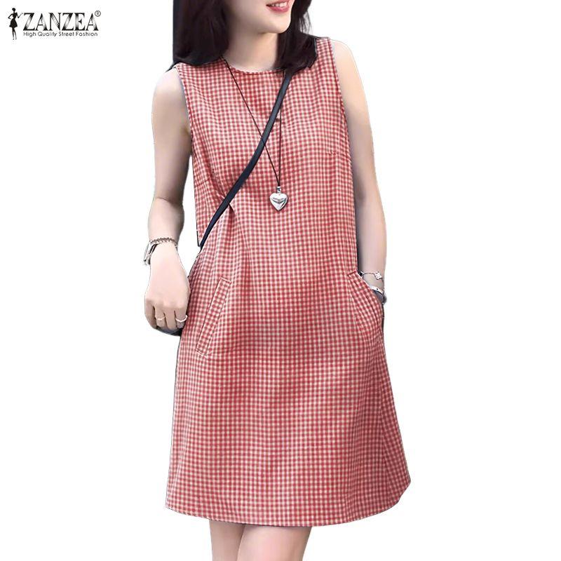 ZANZEA Women Plaid Print Casual Round Neck Sleeveless Dress