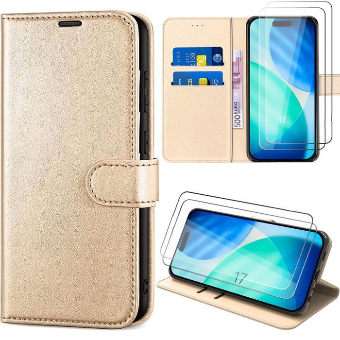Coque pour iPhone 17 - BOOLING - Protection Intégrale Cuir Synthétique - Doré - 2 Verres Trempés