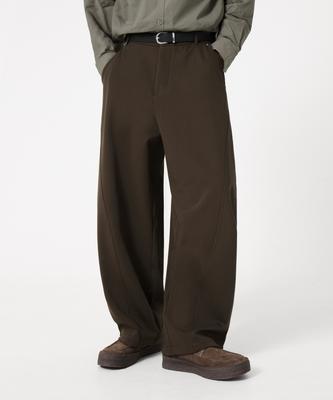 TRILLION Curved Cut Wide Elastic Waist Slacks_Brown