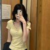 American Slim Fit and Thin Design Button V-neck Front Shoulder T-shirt Summer Hottie Sexy Pure Desire Top Women