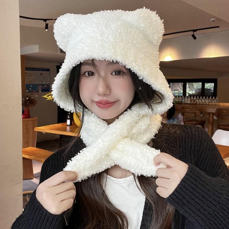 

Зимний новый шарф интегрированный двухкомпонентный набор плюшевая шапка с мишкой холодостойкая вязаная женская теплая защита ушей головной убор 52-56cm белый