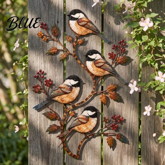 Artistic Metal Yard Decor Bird Wall Decor, Red & Chickadee Sculpture with Branches and Rustproof Lawn Art Berries, 2D Iron Hanging Decoration