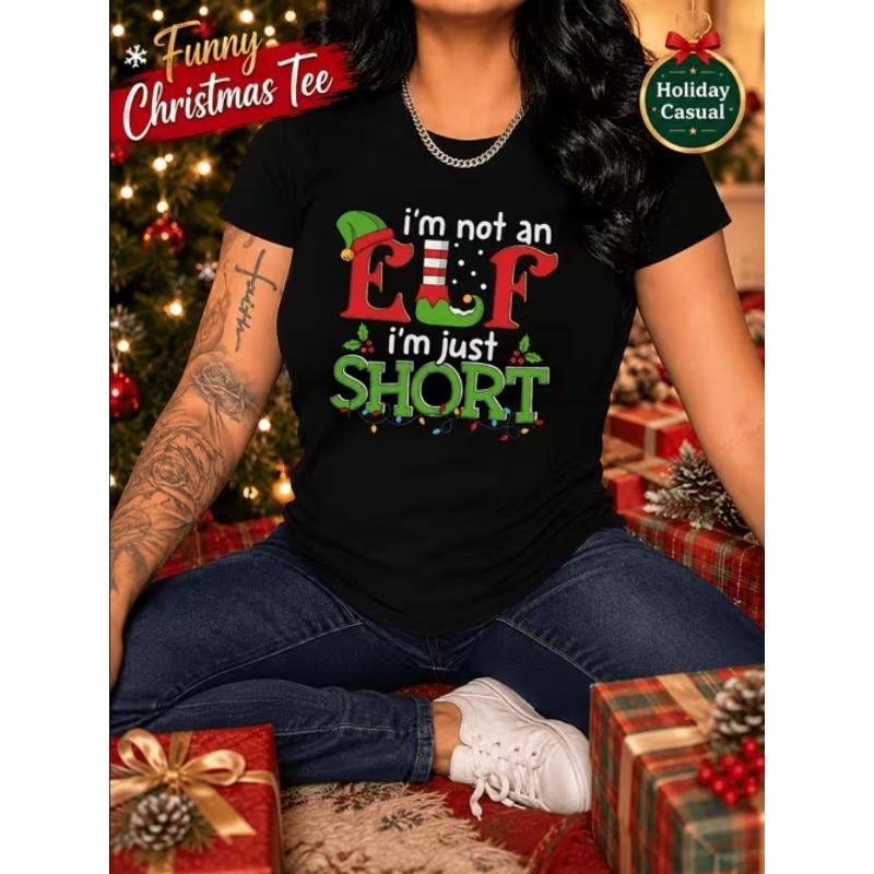 Vintage Holiday Snowflake Elements Cute Cartoon Santa Lady Large Size Loose Holiday Crew Collar Short Sleeve T-Shirt Top
