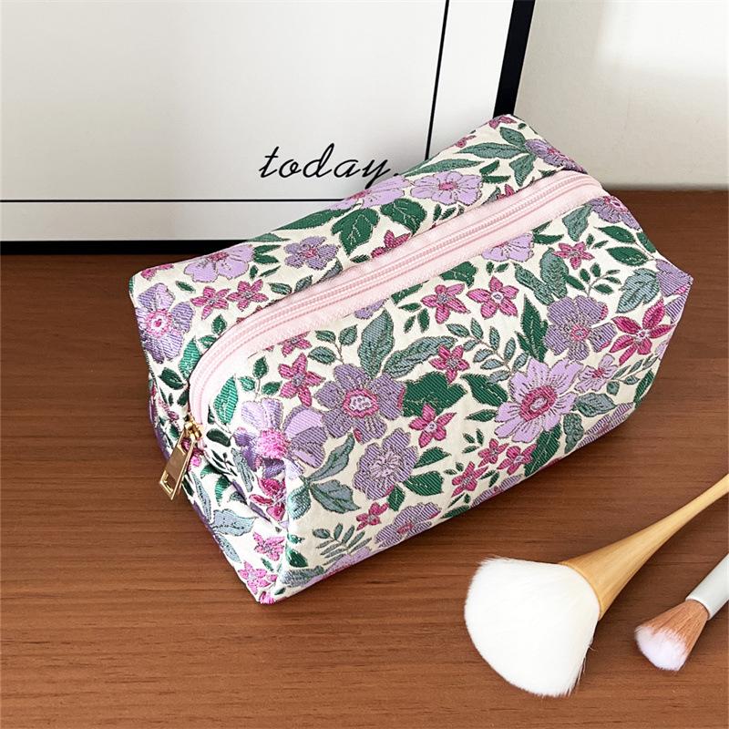 Portable Purple Flower Fabric Cosmetic Bag Makeup Pouch Organizer