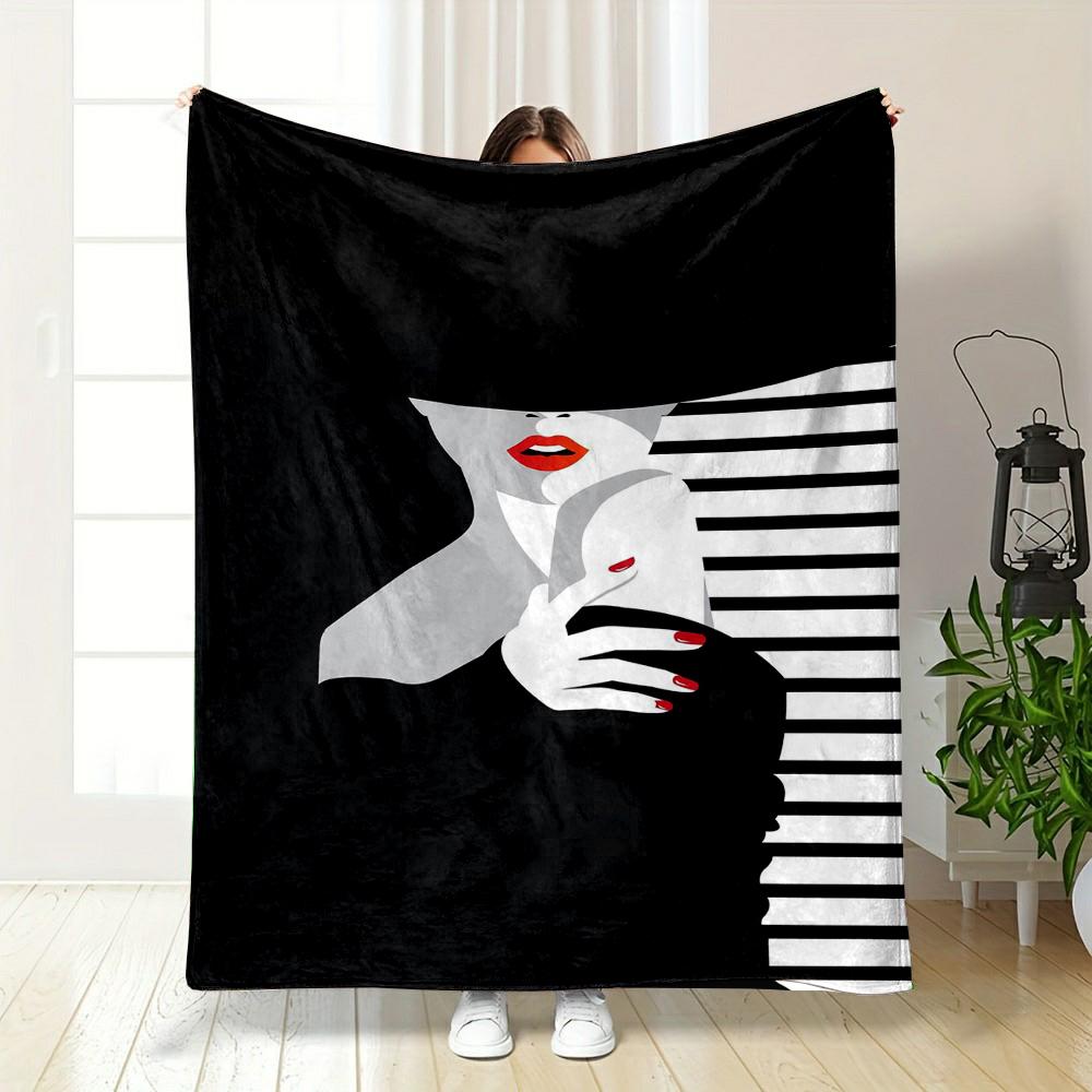Glamorous Lady with Red Lips and Nails Patterned flannel blanket perfect for the bedroom living room, sofa, or a little nap