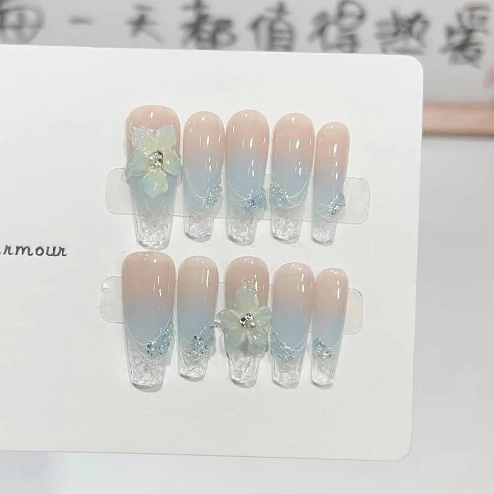 10Pcs Handmade Cat Eye Gradient Long Coffin Stiletto Press On Nails With Glitter Diamond Pearl Flower Bowknot Decorations