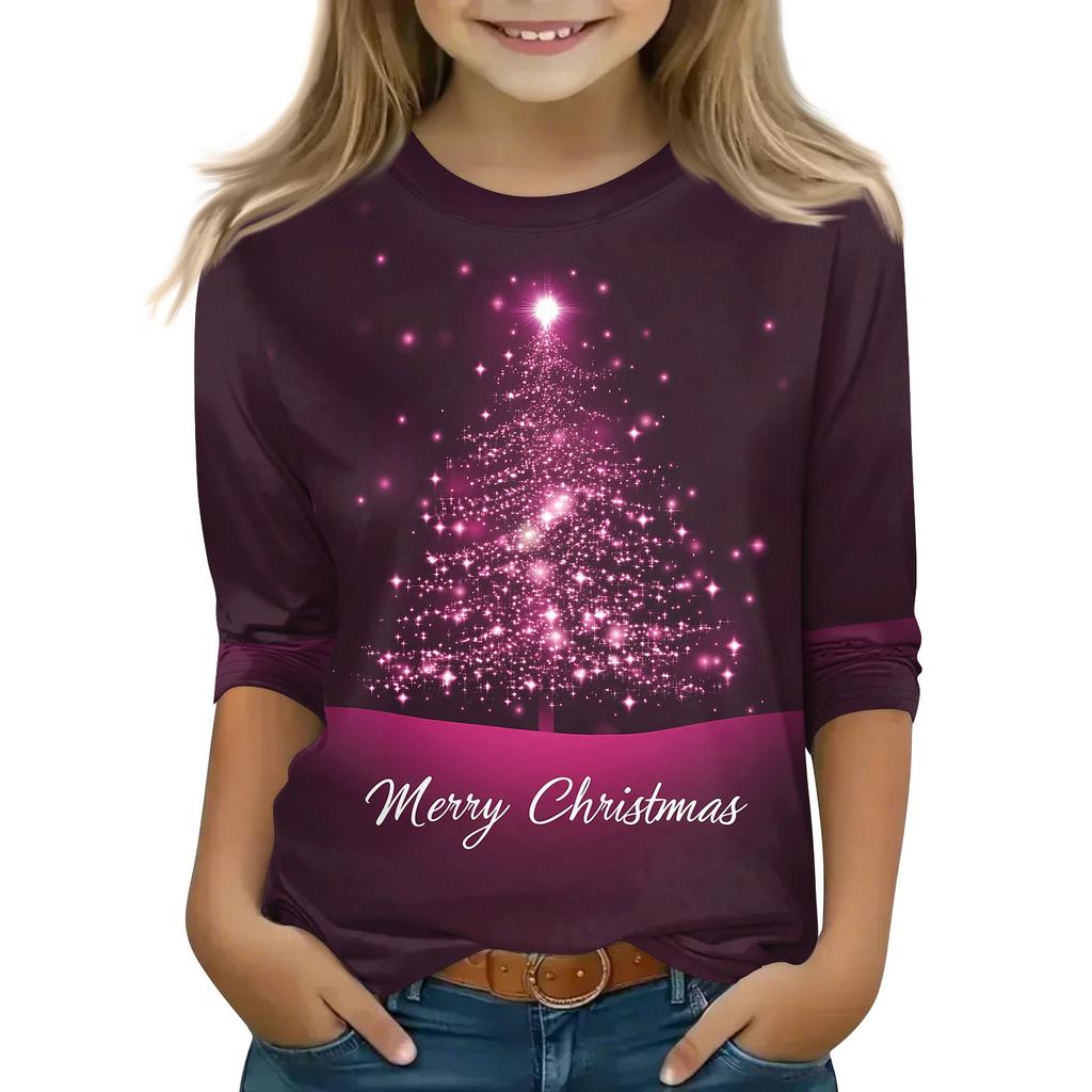 Children's 3/4 Sleeve Tops Casual Christmas Print T Shirt Round Neck Pullover Blouse