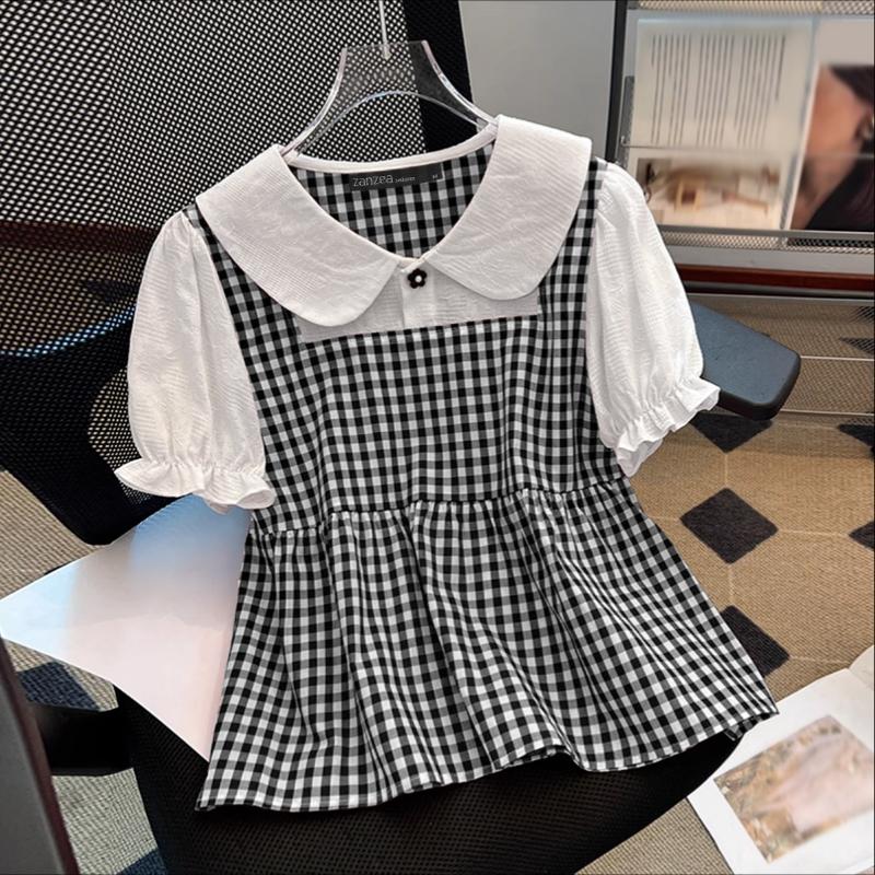 

ZANZEA Women Doll Collar Summer Casual Grid Print Pachwork Short Sleeve Blouse S чорний