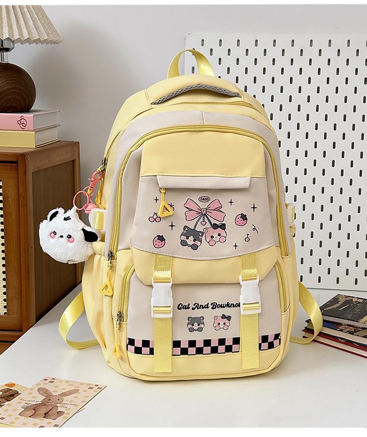 Schoolbag: Korean style cherry blossom peach pink with creamy strawberry kitten, academy style, multi-layered backpack for middle and high school