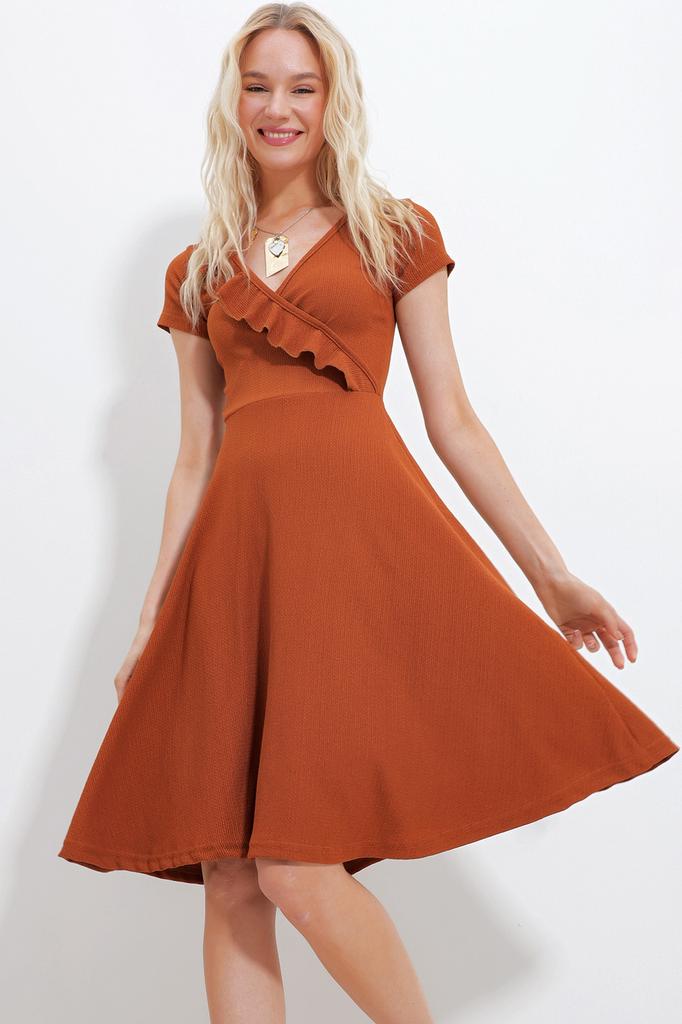 Women's Dress New Season Fashion Blue V-neck Ruffled Midilength Knitted Dress