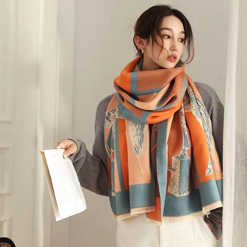 New European and American Retro War Horse Picture Imitation Cashmere Autumn and Winter Warm Scarf Travel Photo Decoration Large Shawl Scarf