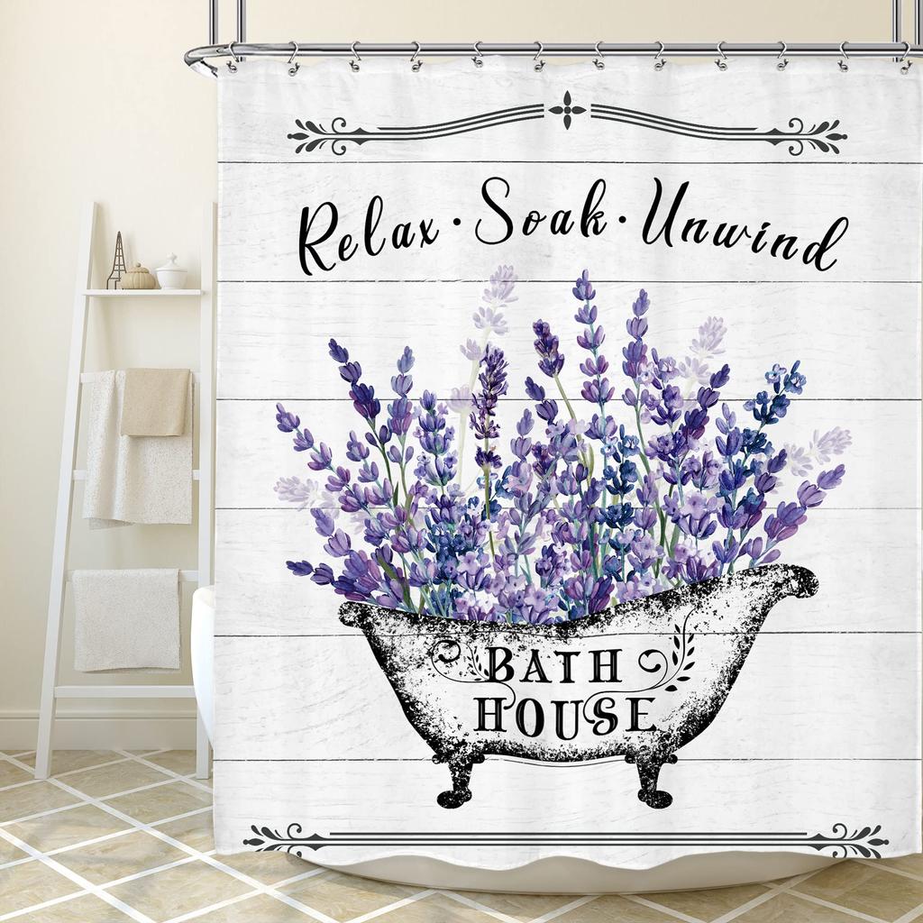 Lavender Shower Curtain with Hooks Waterproof Polyester Fabric Purple Floral Plant Bathroom Bathtub Curtains for Bath Room Tub