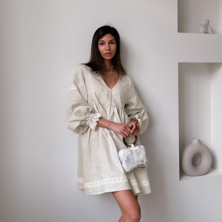 2025 Summer Women's V-Neck French Lace Patchwork Dress - Comfortable, Loose, and Stylish Short Skirt