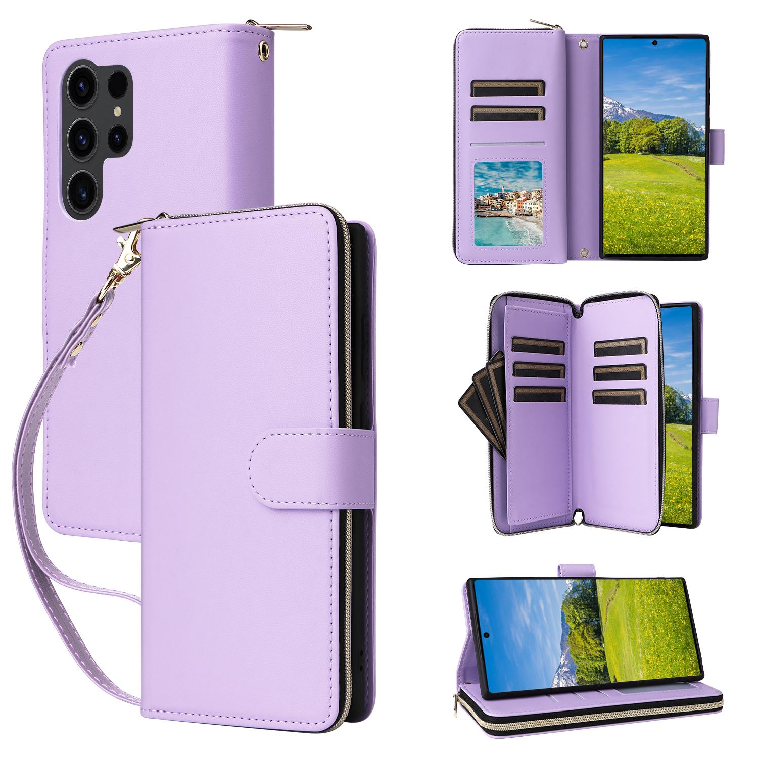

R20 For Samsung Galaxy S23 Ultra Case Zipper PU Leather Phone Cover with Straps Light Purple