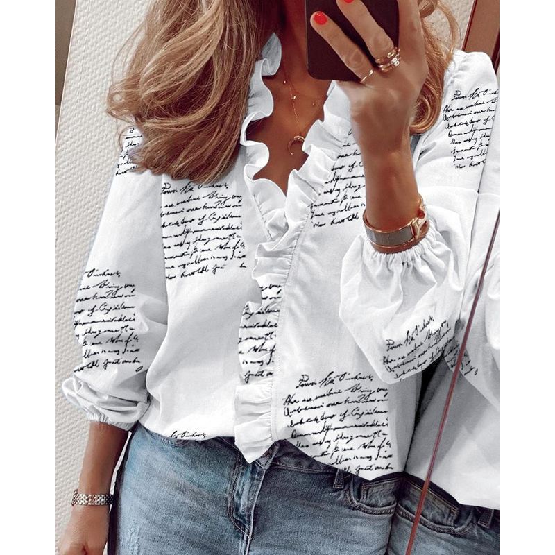 Long-Sleeved Ruffled Shirt for Women Long Sleeves Ruffles V-neck Shirt Shirt