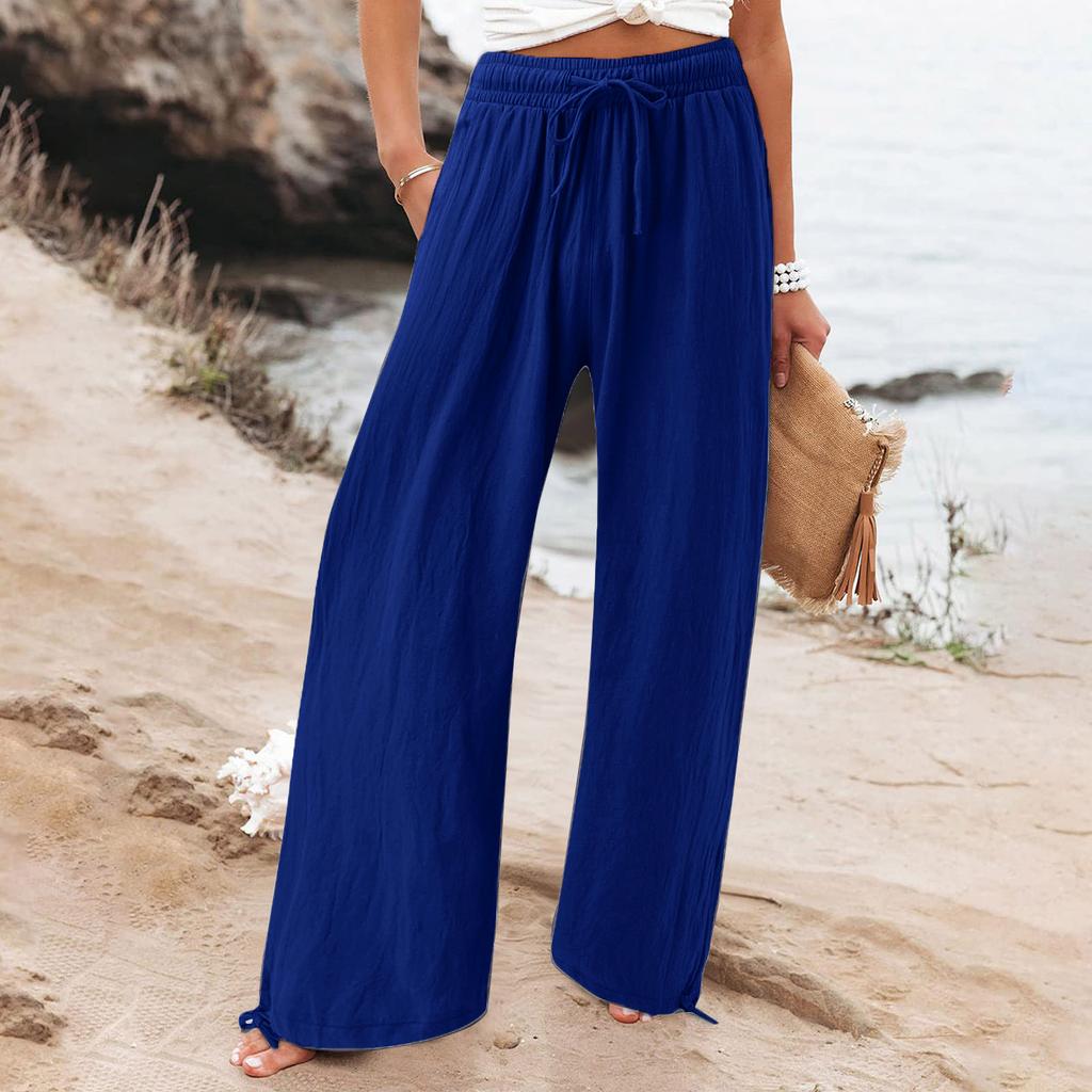 Women's Casual Fashion Color Elastic Waistband Pocket Wide-Leg Straight-Leg Pants