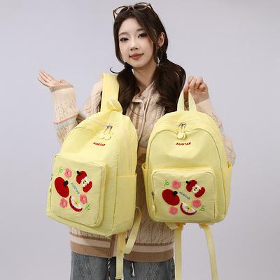Cute Embroidered Apple Backpack for Girls Canvas Backpack Stylish School Bag with Floral Design Portable Lightweighte Backpack