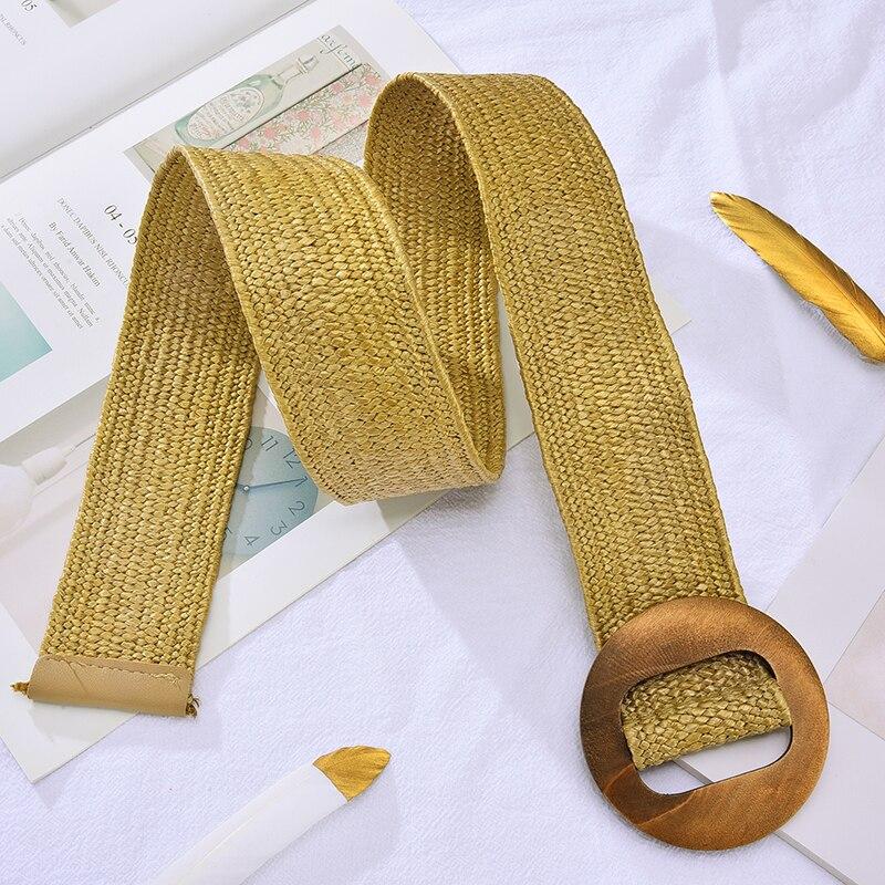 Women's Belt Elastic Woven Wide Belt PP Grass Waist Seal Wood Round Buckle Belt Fashion Ethnic Style Paired with Coat Skirt Belt