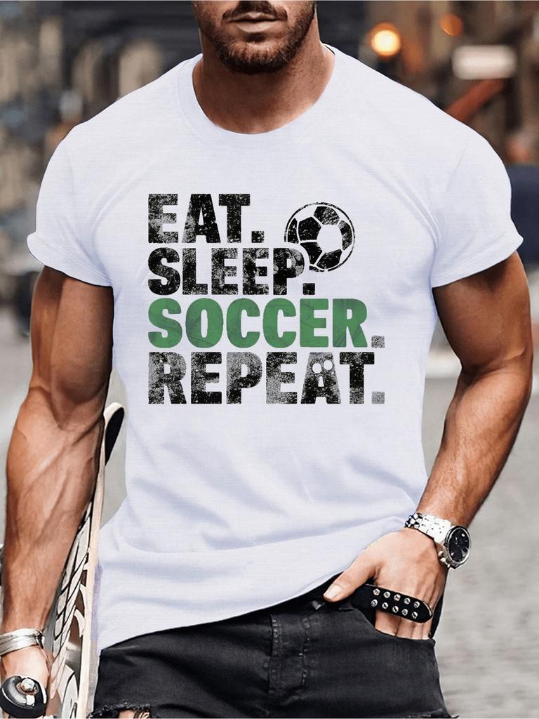 European sizes Repeat Graphic, Men's Eat Sleep Soccer Repeat Graphic T-Shirt - Casual Short Sleeve Crew Neck Tee with Soccer Ball