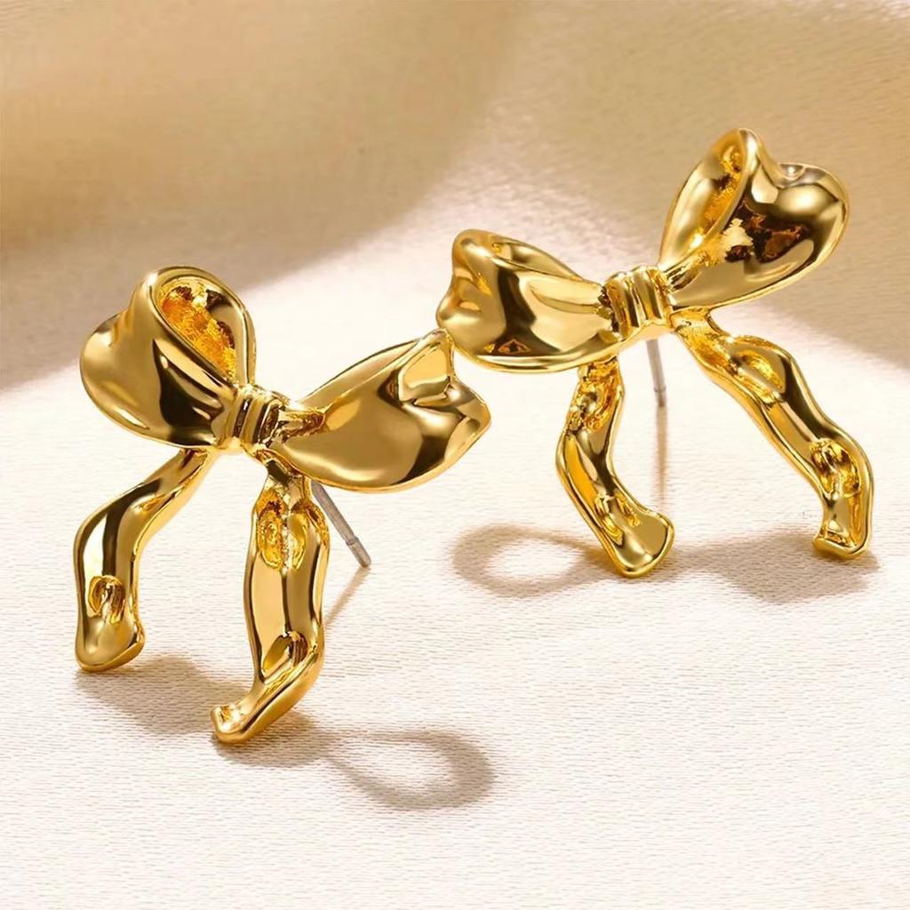 2PC Gold Color Earrings For Women Bow Stud Nail Earring Fashion Cute Jewelry Piercing Ear Accessories Christmas Gift Aretes