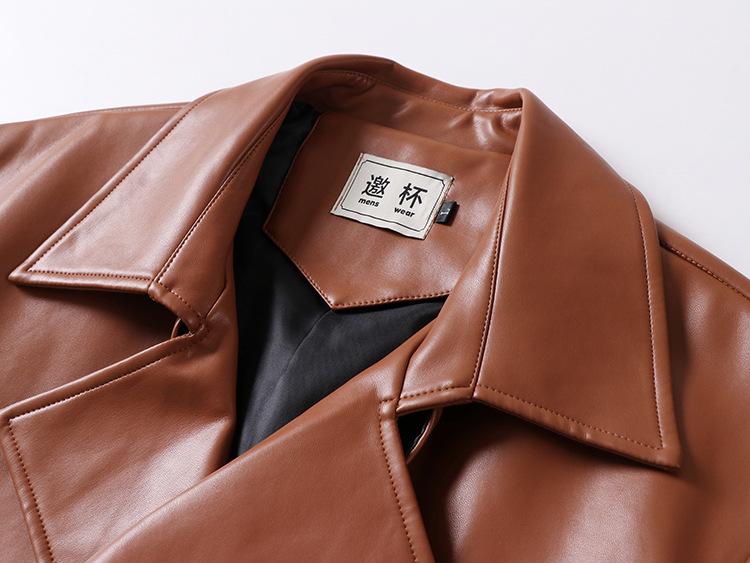 Men's Plus Size High-End PU Leather Knit Trench Coat - Korean Style, Loose, Casual, Spring/Autumn.
