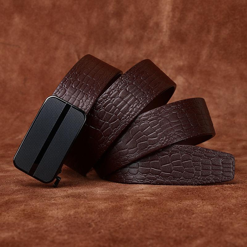 

Высококачественный ремень из нержавеющей стали с автоматической пряжкой и узором под крокодила, мужской кожаный ремень из коровьей кожи первого слоя для деловых повседневных брюк 125cm