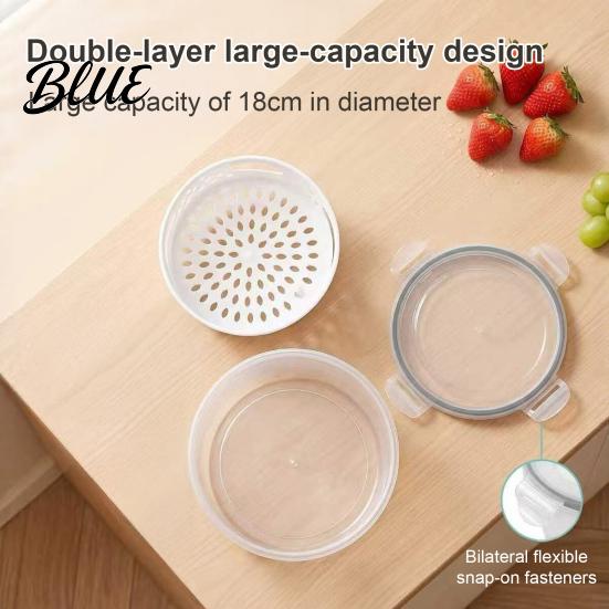 Kitchen Drainer for Produce Round Fruit Vegetable Storage Container 2-Layer Food-Grade PP Crisper with Box Lid Drain Basket Leak-Proof Sealed Fridge