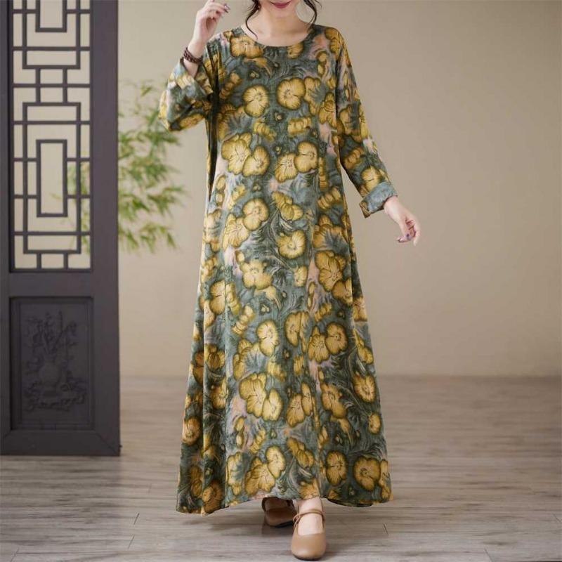 Loose Printed Round Neck Long Sleeve Dress Women's Long Dresses