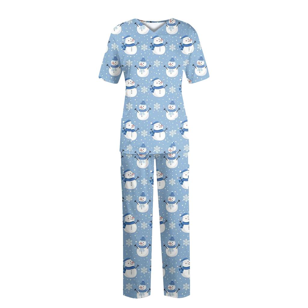 Women's Fashion Print Short Sleeve V Neck Pattern Tops Pocket Working Set