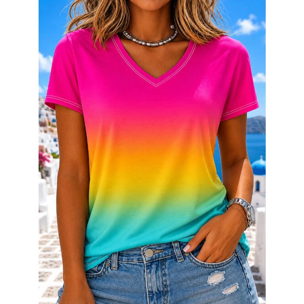 Women Summer T Shirt Gradient Color Print Short Sleeve Tees Casual Printed Tops
