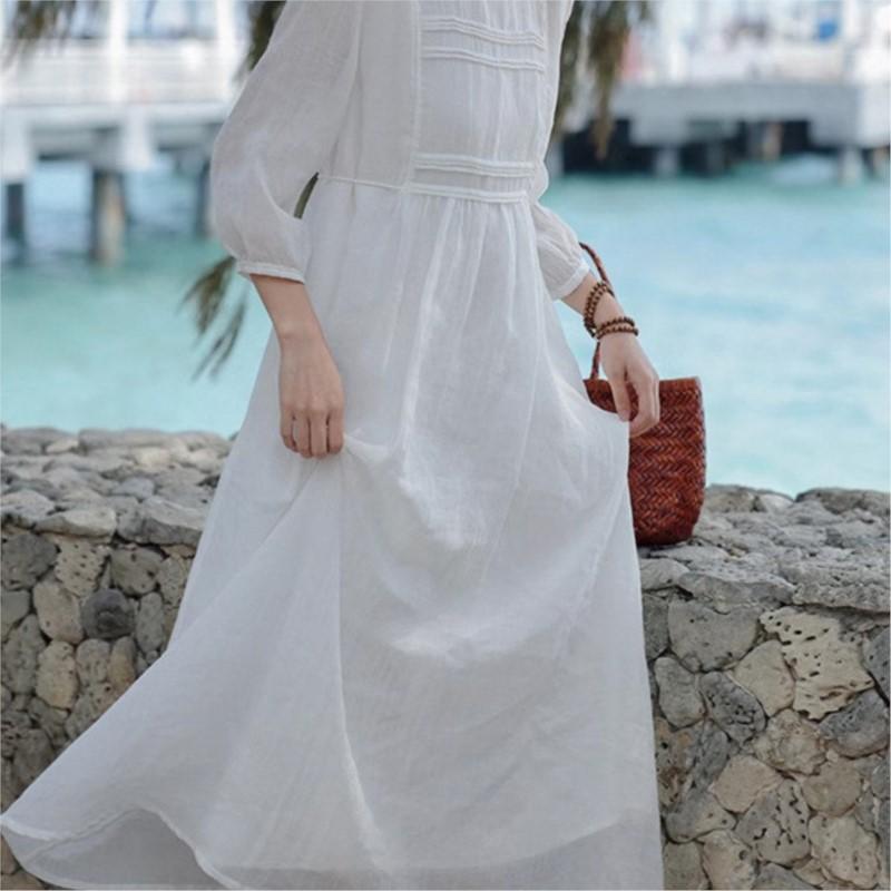Johnature Woman Autumn Fashion Solid Color Half Sleeve A-Line Dress Chinese Style O-Neck Loose Casual Dress