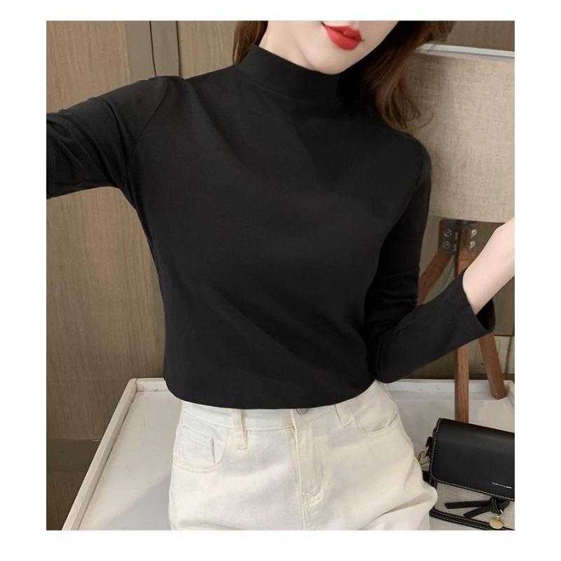 Autumn Winter Half High Collar Velvet Bottomed T-shirt Women Long Sleeve Solid Color All-match Pullover Top Tee