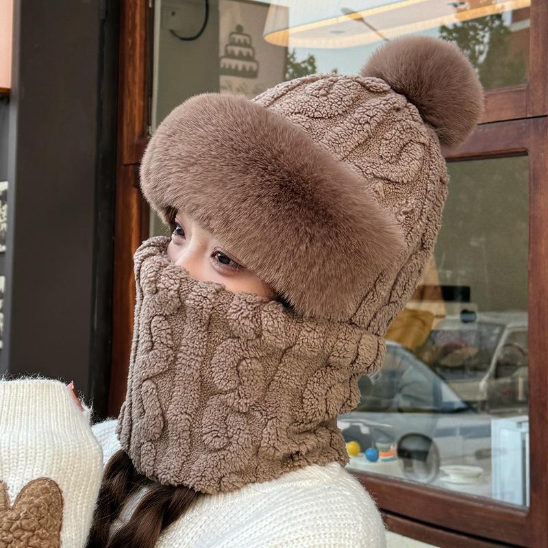 Winter Windproof Cap Outdoor Cycling Velvet Warm Ear Protection Headgear Hat Cold-proof Scarf Integrated Hairball Cap