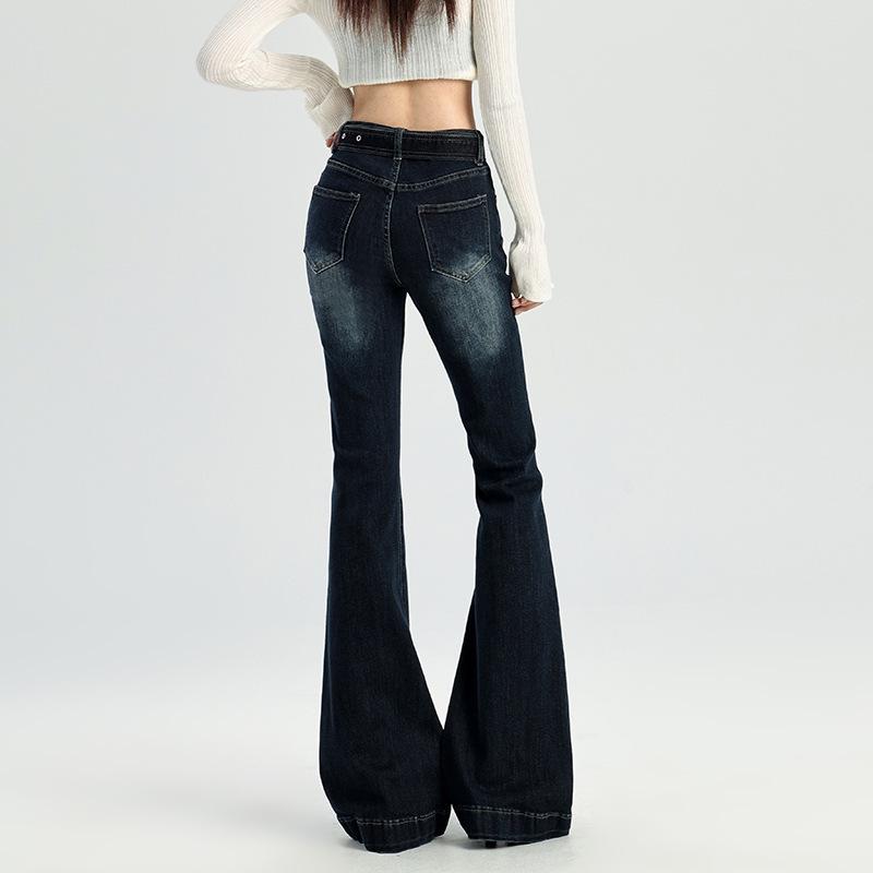 Women's Stretchy Blue-Gray Retro Micro-Flare Jeans with Belt