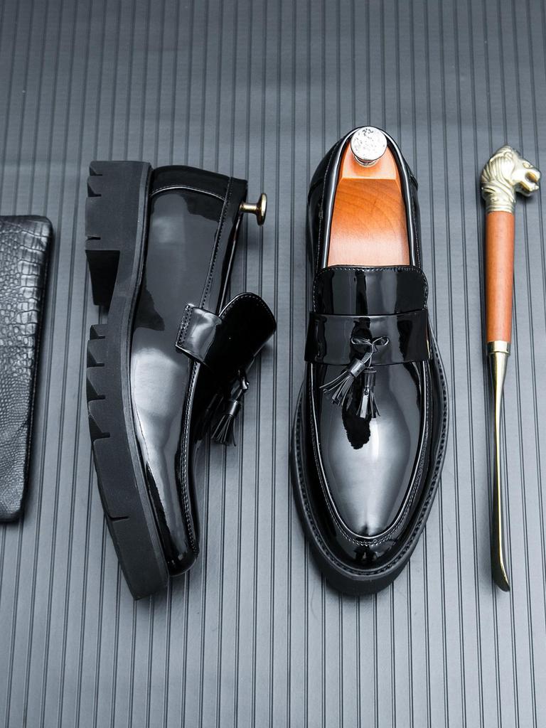 Men's Spring Tassel Loafers: Thick Sole, Shiny Leather, Large Size Casual Shoes
