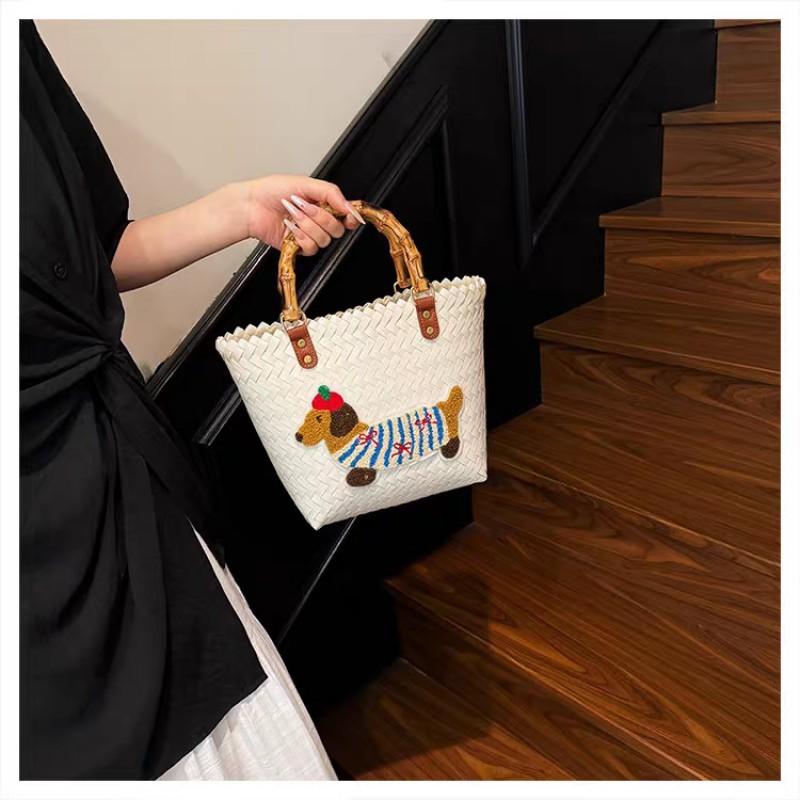 

Large-capacity Hand-woven Straw Woven Bag Women With Wooden Handle Contrasting Color Seaside Vacation Handbag 21x11x22 білий