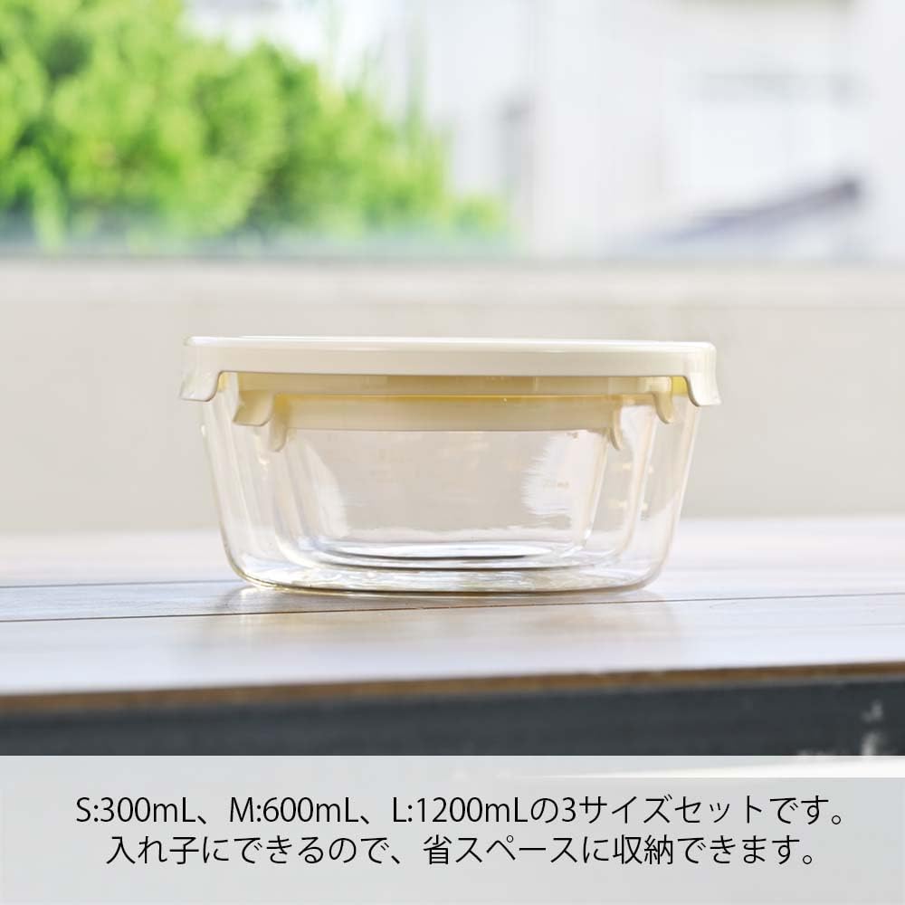 HARIO Glass Storage Set of Microwave and Dishwasher Made in Heat-Resistant Containers, Round, S/M/L, 3, White, Safe, 300mL/600mL/1200mL, Japan,