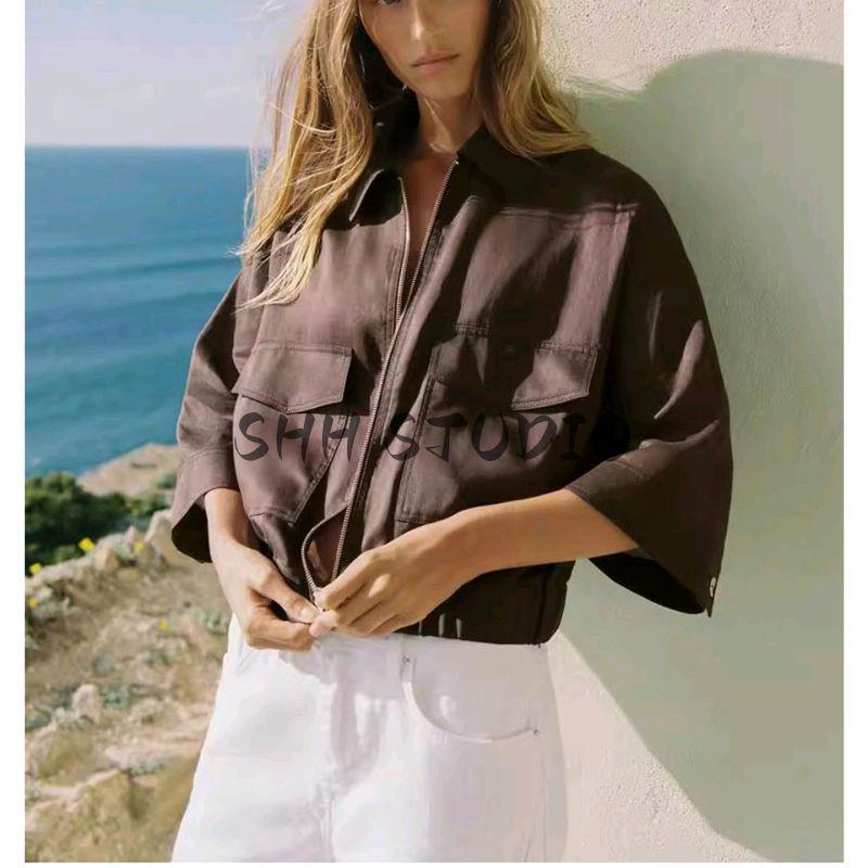 Fall New Women's Clothing Zipper Ornament Linen Blended Tour Safari Jacket Jacket Outwear 3448824 8135734