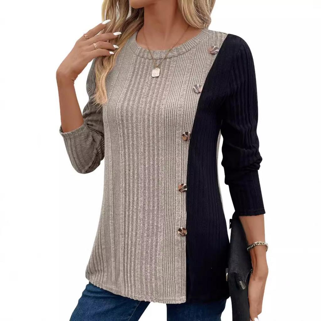 Neues Damen Colorblock Kontrast Knopf Schlitz Langes Lässiges Oberteil, Freizeit