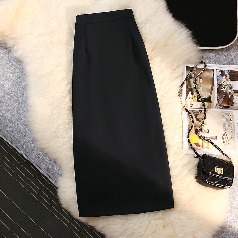 Women's Slimming A-Line Black Wool Mid-Length Skirt - Thickened & High-Waist for 2024 Autumn/Winter.