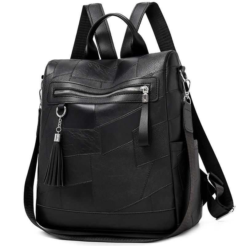 Women's PU Backpack with Patchwork Design Large Capacity Shoulder Bag for Daily Travel